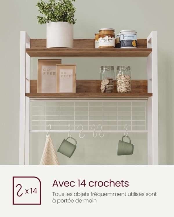 VASAGLE Étagère de Cuisine avec Multiprise, Support pour Micro-Ondes, Étagère de Rangement, avec Panneau Grillagé, 14 Crochets, 40 x 60 x 170 cm, Noisette Clair et Blanc KKS037W41EU – Image 9