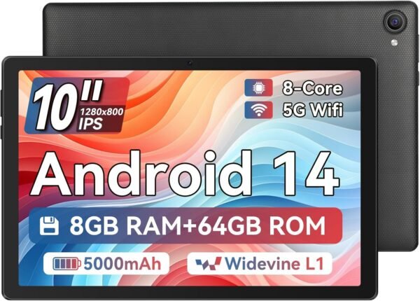Ainmel Tablette 10 Pouces, Android 14 Tablette Processeur Octa-Core, 8GB+64GB(TF 1TB), 1280 x 800 HD IPS Wi-FI 6 /Widevine L1/5000mAh/Double Caméra/Identification Faciale Tablettes PC (Noir)