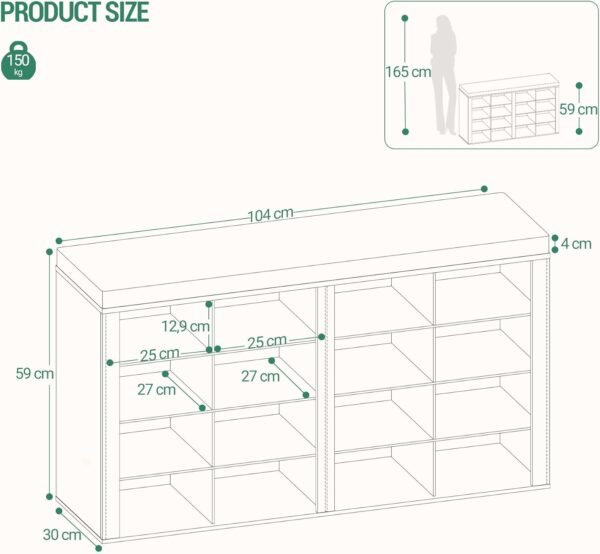 Hzuaneri Banc à Chaussures, Support à Chaussures avec Siège, Banc avec Rangement, Coussin, 16 Compartiments, pour Salon, Couloir, Chambre, Blanc-Gris SB25603GY – Image 3