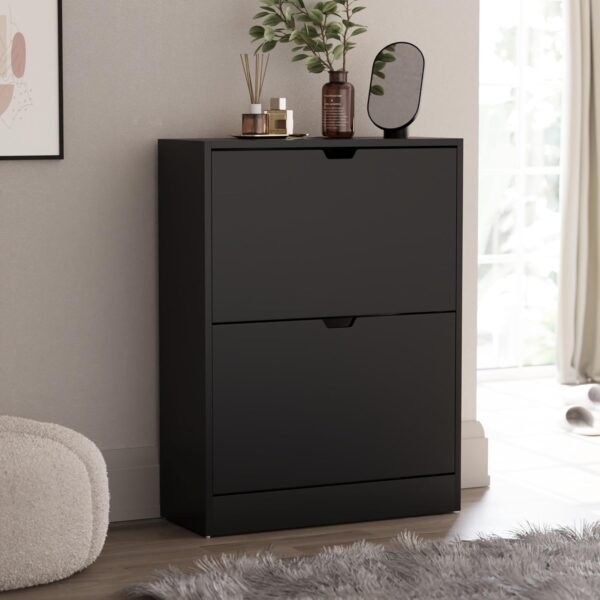 Vida Designs Armoire à Chaussures à 2 tiroirs, Armoire de Rangement à Chaussures Peu encombrante avec 2 tiroirs rabattables, Meuble de Couloir et de Salon, 100% certifié FSC (Noir)
