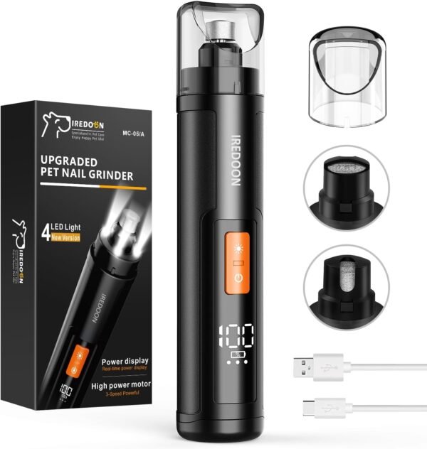IREDOON Lime à Ongles Chien, Coupe-Ongles électrique Rechargeable Professionnel à 3 Vitesses pour Animaux de Compagnie avec 4 lumières LED, Silencieux (40DB) avec Capuchon Anti-poussière (Noir)