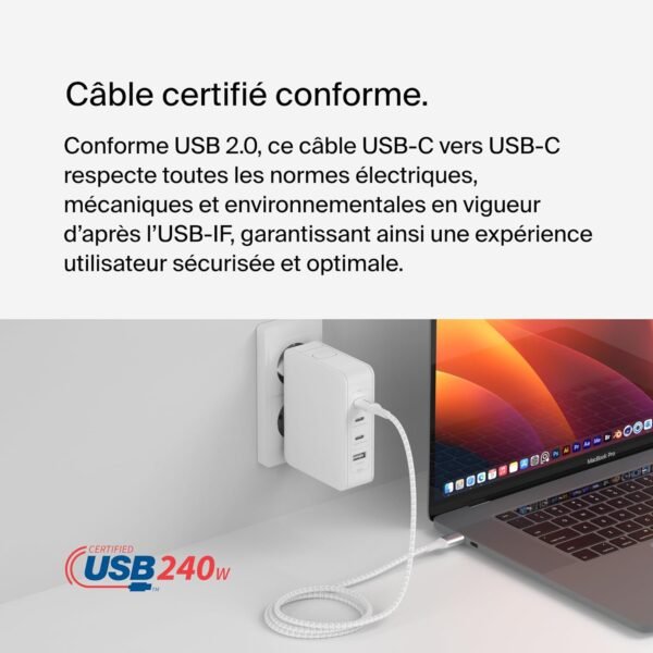 Belkin BoostCharge câble USB-C vers USB-C, charge rapide avec technologie Power Delivery 240 W, certification USB-IF, pour iPhone 16, 15, MacBook Pro, Chromebook, Samsung Galaxy, iPad, etc, 2 m, blanc – Image 4