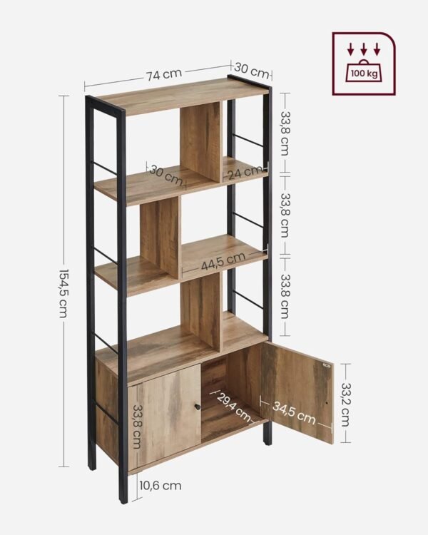 VASAGLE Étagère, Bibliothèque à 4 Niveaux, Meuble de Rangement, Placad, avec Portes, Grand, Cadre en Acier, pour Salon, Bureau, Chambre, Style Industriel, Marron Camel et Noir d'encre LBC022B50 – Image 3