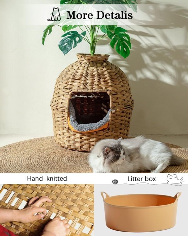 SETVSON Litière pour chat - En rotin tissé à la main - Avec bac à litière pour chat et plantes artificielles - Filtre de contrôle des odeurs - Véritables pierres - Pour salon, chambre à coucher, coin – Image 4