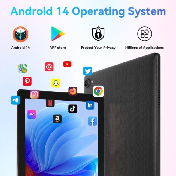 Ainmel Tablette 10 Pouces, Android 14 Tablette Processeur Octa-Core, 8GB+64GB(TF 1TB), 1280 x 800 HD IPS Wi-FI 6 /Widevine L1/5000mAh/Double Caméra/Identification Faciale Tablettes PC (Noir) – Image 7