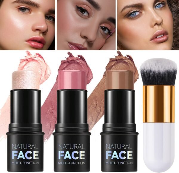 3PCS Contour & Highlighter & Blush Set de maquillage, ELALRAU Kit De Maquillage Visage Avec Pinceaux, Longue durée, lisse Blush Crème Highlighters Contouring Bronzer, Set de maquillage pour le visage – Image 8