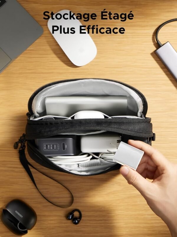 UGREEN Sac Câble Rangement Électronique Pochette Organisateur de Voyage Protection Contre Éclaboussures Poche Intérieure Zippée pour Batterie Externe Chargeur Adaptateur Câble Disque Dur (M) – Image 3