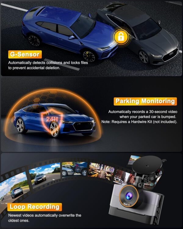 Zhiroad 4K Dashcam Voiture Avant Arrière,WiFi Camera Embarquée Voiture avec 3" IPS Écran,Carte SD 64G,Camera Voiture Grand Angle de 170°,G-Capteur,24H Mode Parking,Enregistrement en Boucle – Image 6