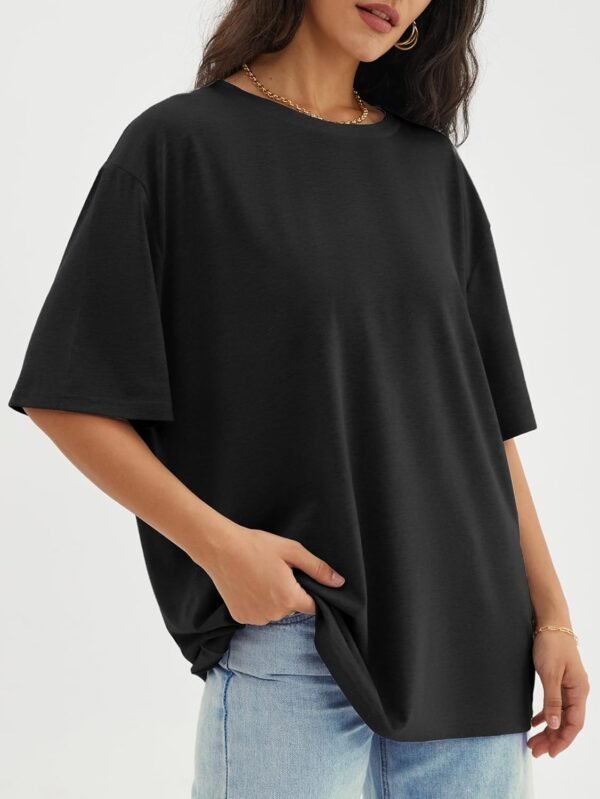 ATHMILE T-shirt surdimensionné pour femme, coupe ample, col rond, manches courtes, chemisier d'été décontracté, t-shirt basique Y2K 2023, Vêtements, noir, Taille M – Image 4