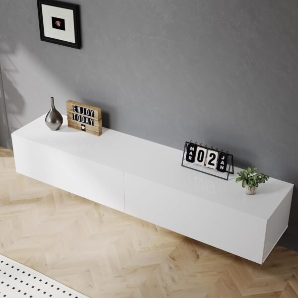 SIRHONA Meuble TV Blanc, Meuble Tele Peut être Suspendu ou Posé au Sol, 2 Placards avec Portes, Super Espace de Rangement, 180x40x30cm, Convient pour Salon ou Chambre – Image 6