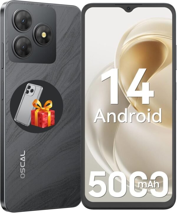 OSCAL Telephone Portable,Flat 2C Android 14 Telephone,6Go+64Go/TF 2To, Octa Core, 6.56" HD+,Batterie 5000mAh Smartphone Pas Cher,13MP+8MP,4G Smartphone, Face ID/Dual SIM/GPS/2Ans De Garantie -Noir