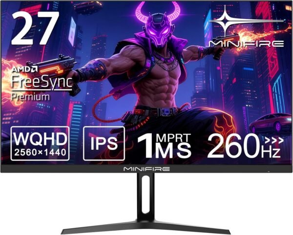 Minifire 27 Ecran PC Gamer,260Hz, Fast IPS Moniteur Gaming, QHD 2K 2560 x 1440p,1Ms, Écran Blanc, Freesync, 130% sRGB, HDR10, Faible lumière Bleue, VESA 100x100, 2×DP1.4/2×HDMI 2.0 - Noir