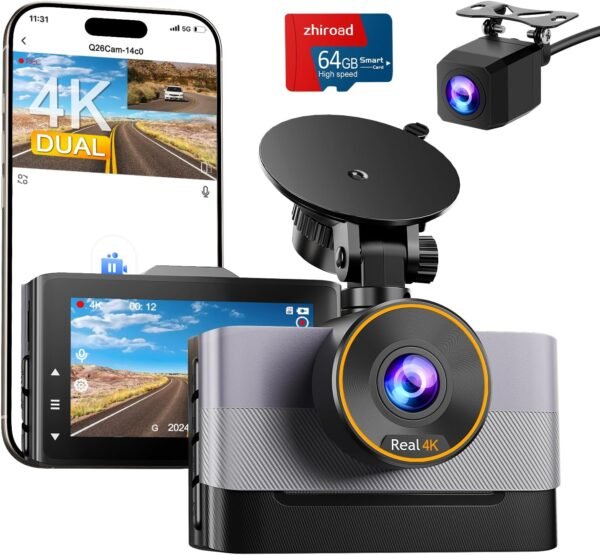 Zhiroad 4K Dashcam Voiture Avant Arrière,WiFi Camera Embarquée Voiture avec 3" IPS Écran,Carte SD 64G,Camera Voiture Grand Angle de 170°,G-Capteur,24H Mode Parking,Enregistrement en Boucle