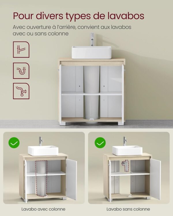 VASAGLE Meuble sous Lavabo, Meuble de Salle de Bain, 2 Compartiments derrière Les Portes, pour Divers Types de Lavabos, avec Pieds, 30 x 60 x 60 cm, Beige Naturel et Blanc Nuage BBK506L01 – Image 5