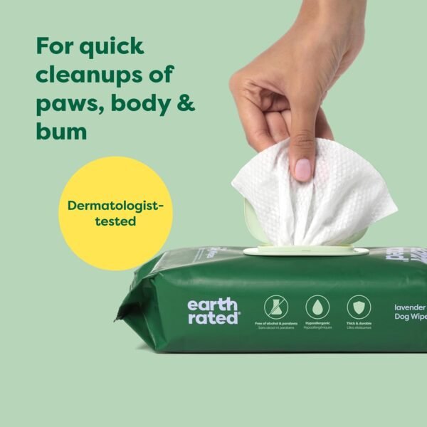 Earth Rated Lingettes hypoallergéniques pour Chiens, nettoyantes et Anti-odeurs, pour Pattes, Corps et arrière-Train, parfaites pour Chiots et Chiens Adultes, Parfum Lavande, 100 lingettes – Image 2