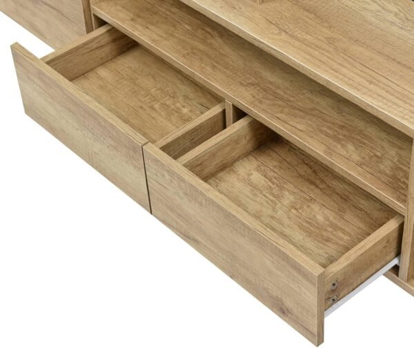 Sweiko Meuble TV bas avec éclairage LED, commode avec beaucoup d'espace de rangement, forme unique avec surfaces en verre, design moderne (blanc brillant et couleur bois) – Image 2