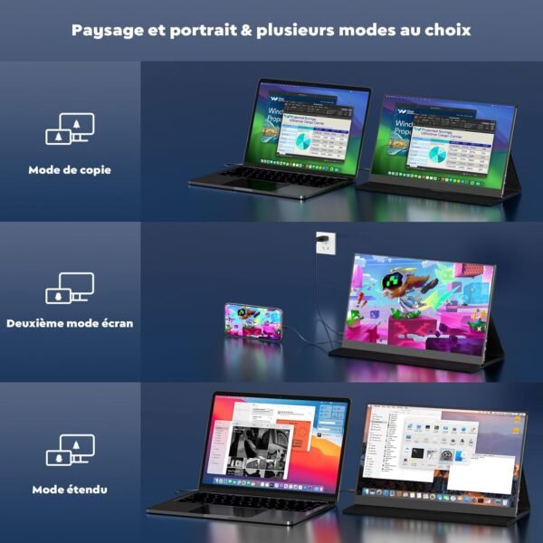 HONGO Moniteur Portable, Laptop Écran Portable 15,6" 1080P IPS Écran PC Portable Haut-parleurs Intégrés, Moniteur pour Ordinateur Portable, PC, Mac, X-Bo, Switch, Deuxième Ecran Portatif USB C – Image 3