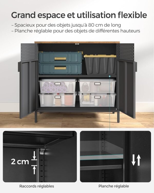 SONGMICS Meuble de Rangement, Buffet, en Métal, Double Porte, Fermeture Magnétique, Cadre en Acier, 40 x 80 x 76 cm, Marron Rustique et Noir LSC102B01 – Image 5