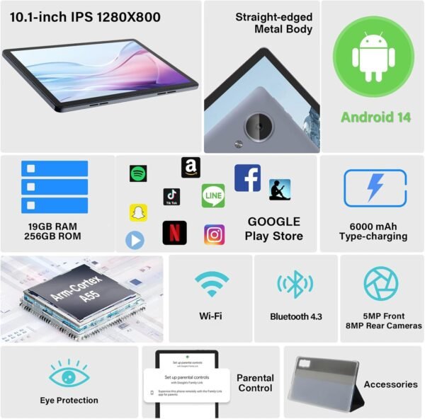 Tablette Tactile10 Pouces 19Go RAM + 256Go ROM (TF Extensible 1To) Android 14 Tablette avec clavier et souris, Écran IPS HD 1080P, 5 Mpx Dual caméra,Wi-Fi,6000mAh, Tablettes performantes 2025 (Gris) – Image 2