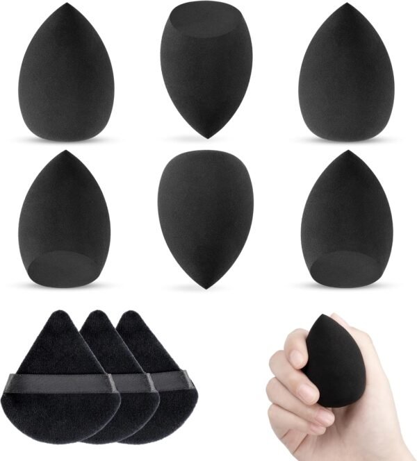 Lot de 6 Éponge de Maquillage avec 3 Houpette Triangle Noir, Eponges pour Fond de Teint Liquide et Poudre Libre, Réutilisables Accessoires Beauty et Outils set