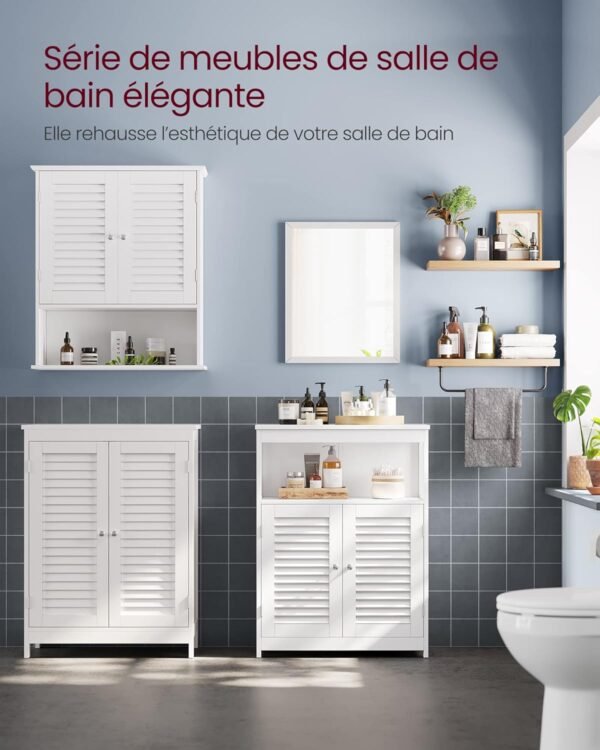 VASAGLE Meuble de Salle de Bain, Meuble de Rangement, Commode, Placard, Armoire, avec Étagères Réglables, Étagère de Rangement avec 2 Portes, 30 x 60 x 80 cm, Blanc BBC40WT – Image 9