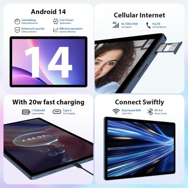 PIXPEAK 2.5K Tablette 14 Pouces, 4G Lte/5G WiFi, INCELL 2240 x 1400 FHD, 11580mAh, 36GB RAM, 256GB ROM (Extension 2TB), Android 14.0, Octa-Core, 13MP+8MP, Tablette Tactile avec étui/GPS/Bluet (Bleu) – Image 5