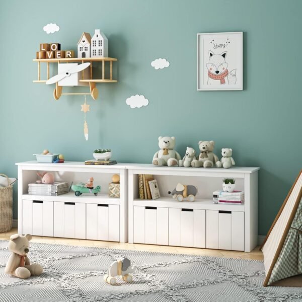 FOREHILL Meuble Rangement Jouet Bibliothèque pour Enfants Étagère Armoire de Rangement avec 3 Tiroirs Roulants Blanc 102x33x61.5cm – Image 6