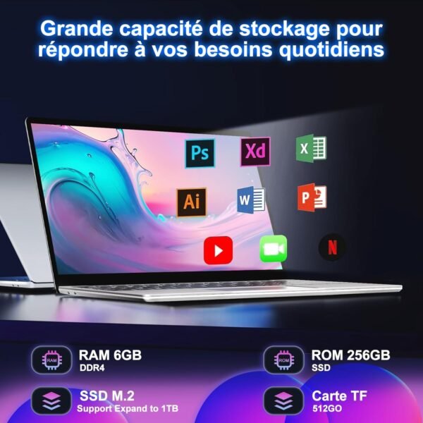NOTODD Ordinateur Portable 14 Pouces Win11 Pro 6 Go RAM+256 Go Soutien Extension SSD 1TB(TF 1TB) 5000mAh PC Portable Celeron N4020 Laptop avec 1080P Mini HDMI Souris sans Fil & AZERTY Membrane-Argent – Image 2