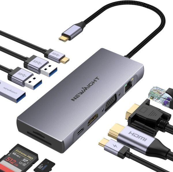 Station d'accueil USB C, adaptateur multiport Newmight 10 en 1 avec 4K @ 30 Hz, Ethernet 1 Gbit/s, VGA, 3 USB 3.0, USB-C 3.0, port de charge PD 100 W, SD/TF pour Dell, HP, MacBook Pro Air, iPhone