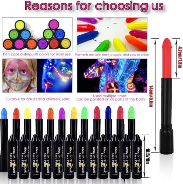 HISUNBEN Peinture Fluorescents UV Comprend 70 Modèles,Maquillage Enfant 12 Crayons De Peinture UV Néon Pour Le Visage Et Le Corps, Lavables Non Toxiques,Enfants et Adultes pour Halloween,Carnaval,Noël – Image 7
