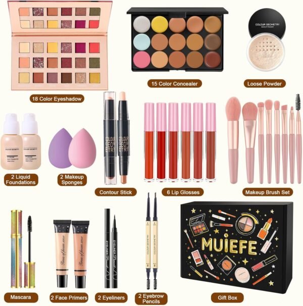Muiefe Coffret Maquillage Femme, Kit Maquillage Professionnel Complet, Coffret Cadeau Maquillage Ado Fille avec Palette de fards à paupières Fond de teint Gloss à lèvres Anti-cernes Eyeliner Mascara – Image 2