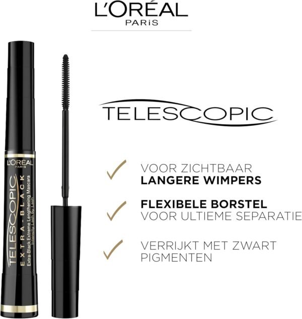 L'Oréal Paris - Mascara Allongeant Telescopic - Noir Intense - Brosse Peigne Flexible - Formule Crème Intensifiante - Couleur : Carbon Black (Noir Carbone) – Image 2