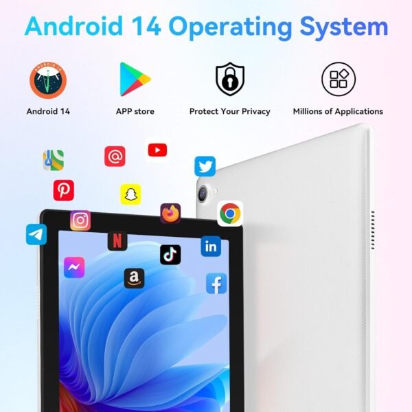 Ainmel Tablette 10 Pouces, Android 14 Tablette Processeur Octa-Core, 8GB+64GB(TF 1TB), 1280 x 800 HD IPS Wi-FI 6 /Widevine L1/5000mAh/Double Caméra/Identification Faciale Tablettes PC (Blanc) – Image 7
