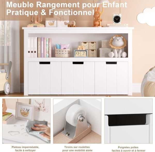 FOREHILL Meuble Rangement Jouet Bibliothèque pour Enfants Étagère Armoire de Rangement avec 3 Tiroirs Roulants Blanc 102x33x61.5cm – Image 5
