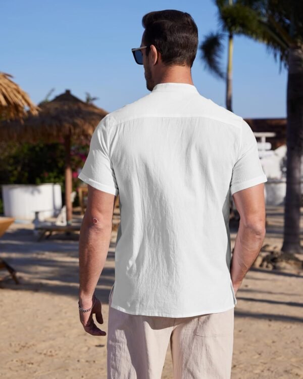 YAOBAOLE Chemise Lin Homme Manche Courte Boutons Col Mao Casual Chemise Été Leger Plage Classique Traditionnelle Unicolore – Image 3