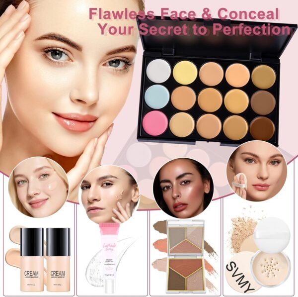 Muiefe Kit Maquillage Femme, Mallette et Coffret de Maquillage Ado Fille, Coffret Cadeau Maquillage avec Palette à Yeux Correcteurs Contour Fond de Teint Mascara Gloss à Lèvres Eyeliner Crayon Sourcil – Image 5