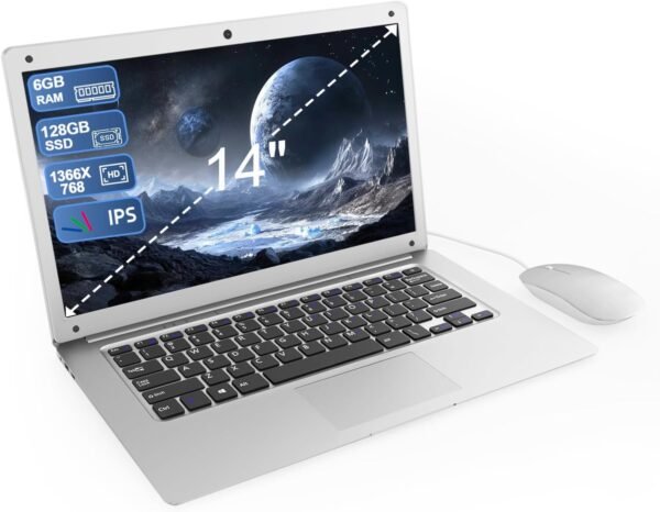 Ordinateur Portable 14 Pouces 6 Go RAM, 128 Go SSD Celeron Processeur Dual Core Portable PC 1366*768 IPS Laptop PC Sans Fil WiFi& Bluetooth 4.2 HDMI*1 USB3.0*2 4000mAh Batterie Inclus Membrane Clavier