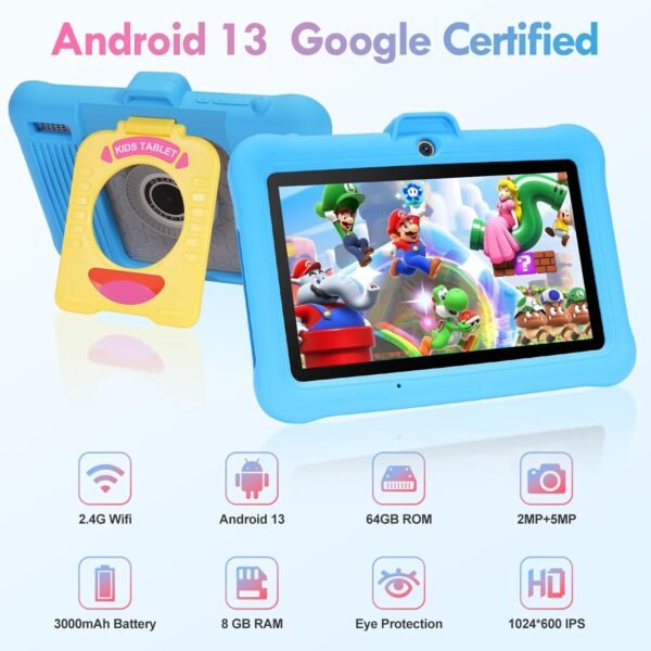 TABTIVI Tablette Enfants 7 Pouces Android, RAM 8 (3+5) Go, ROM 64 Go (TF 128 Go), GMS Certified, Apps Pré-Installé, Éducative, Contrôle Parental, WiFi, Kid-Proof Étui avec Support réglable (Blue) – Image 2