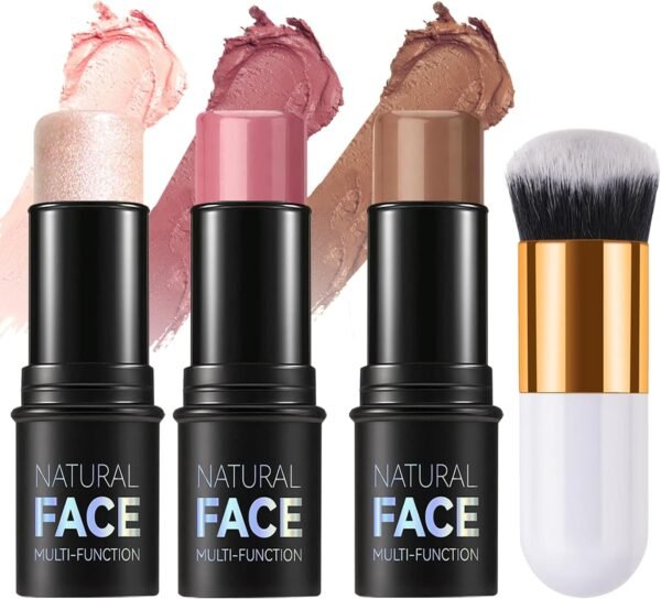 3PCS Contour & Highlighter & Blush Set de maquillage, ELALRAU Kit De Maquillage Visage Avec Pinceaux, Longue durée, lisse Blush Crème Highlighters Contouring Bronzer, Set de maquillage pour le visage