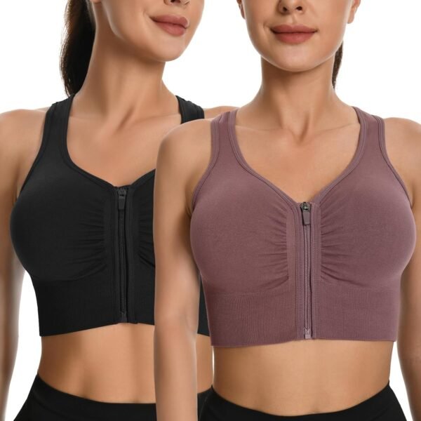 2 Pièces Brassière Sport Femme Zippée Devant, Soutien Gorge de Sport Femme sans Armature sans Couture Push Up Sport Bra avec Coussinets Amovibles – Image 5