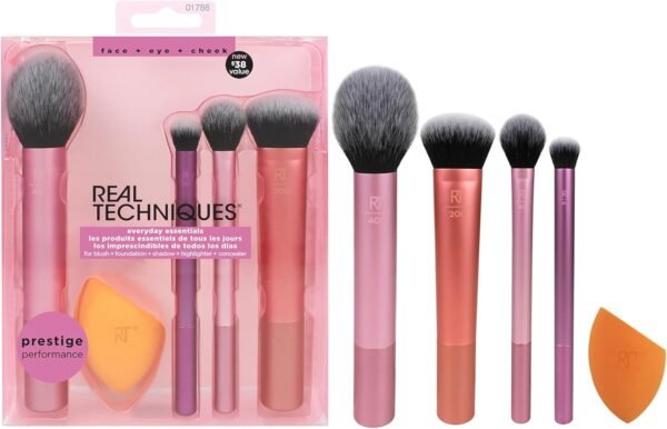 Real Techniques Ensemble de 5 pièces Everyday Essentials +, pinceaux à maquillage et éponge à maquillage, pour fond de teint, fard à joues, poudre bronzante, sans cruauté envers les animaux