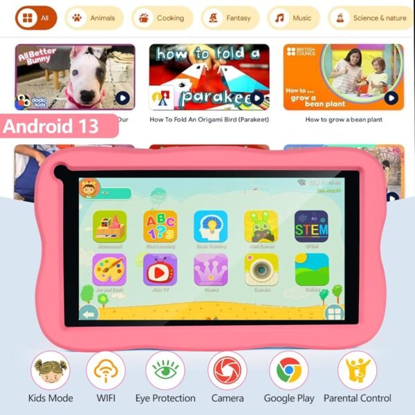 SUMTAB Tablette Enfants 7 Pouces Android Tablette pour Enfant avec 8GB RAM+64GB ROM(TF 256GB), Contrôle Parental, WiFi, Bluetooth, Kids Tablette Tactile Éducative avec Kid-Proof Étui(Rosa) – Image 7