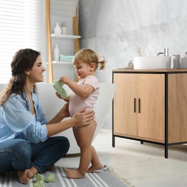 EUGAD Meuble sous Lavabo 60x30x60 cm, avec Cloison Réglable en Hauteur, Armoire sous Vasque, en Bois Artificiel Chêne Clair et en Métal Noir – Image 9