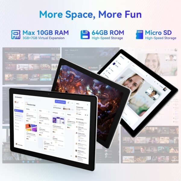Android 14 Tablette 10 Pouces 10Go RAM + 64Go ROM (1To Extensible) Octa-Core GMS 1280*800 IPS HD Touchscreen Tablette Tactile BT 5.4 WiFi 6 Widevine L1 5000mAh Tablettes PC Dynamic Halo (Noir) – Image 5