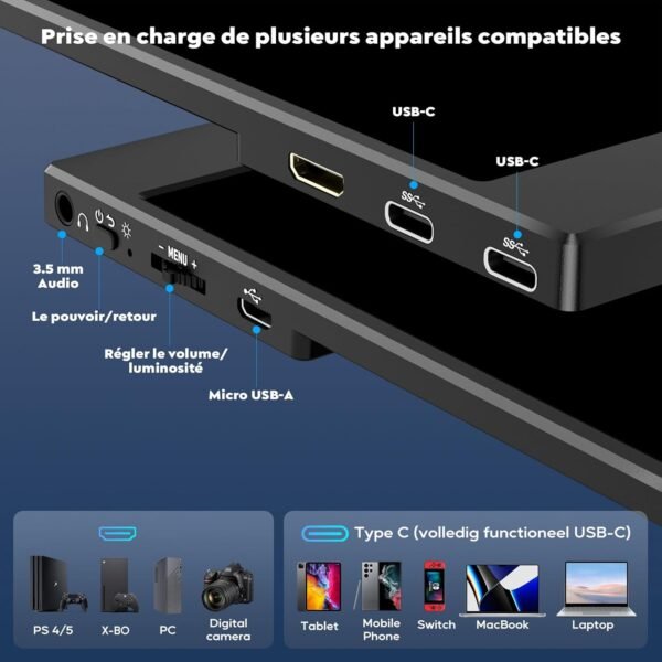 HONGO Moniteur Portable, Laptop Écran Portable 15,6" 1080P IPS Écran PC Portable Haut-parleurs Intégrés, Moniteur pour Ordinateur Portable, PC, Mac, X-Bo, Switch, Deuxième Ecran Portatif USB C – Image 4