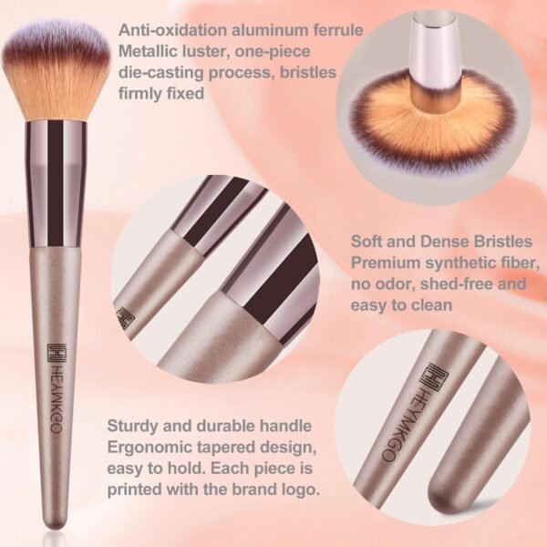 HEYMKGO Pinceaux Maquillages, Lot de 15 Set Pinceaux Maquillage Professionnel avec Trousse en Cuir PU, Kit Pinceau Maquillage Champagne Doré Trousse Makeup Brushes pour Fond de Teint Mélange de Poudre – Image 3