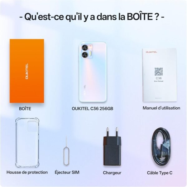 OUKITEL C36 256Go Téléphone Portable Android 14, 24Go+256Go/1To, 6.56" HD+ 90Hz Écran, Smartphone Pas Cher 5100mAh, Camera 13MP+5MP, Smartphone Double SIM/Empreinte Digitale + Identification faciale – Image 8