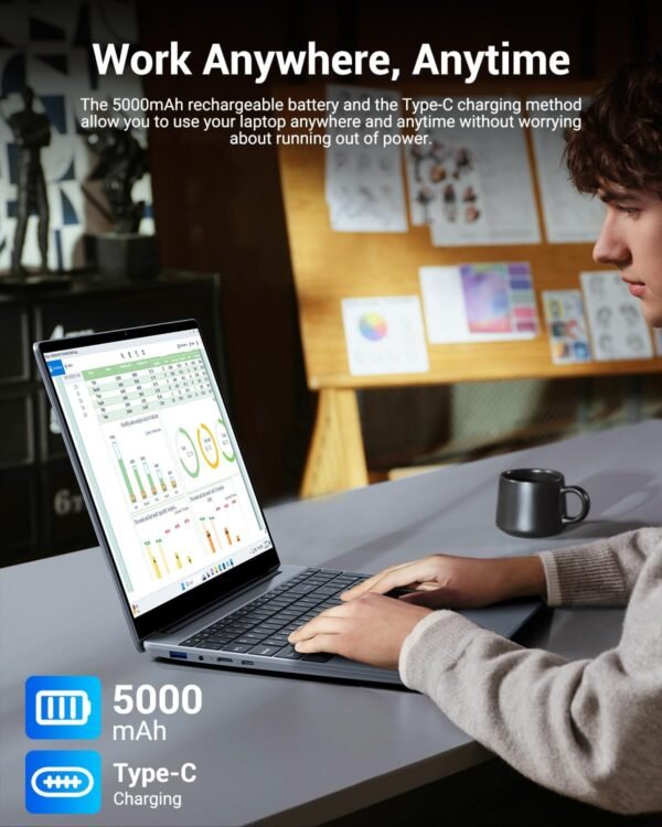 Ordinateur portable 15,6 pouces, 16 Go RAM 512 Go SSD, CPU N95 (jusqu'à 3,4 GHz), Clavier Rétroéclairé PC portable, Win11 Portables Charge de Type-C, 5G WiFi, BT 5,0, Typ-C, HDMI, USB, Souris Incl. – Image 7