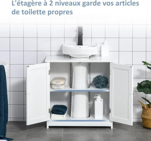 kleankin Meuble Salle de Bain sous lavabo - Meuble sous-Vasque - Placard 2 Portes avec étagère - dim. 60L x 30l x 60H cm - en Bois Blanc – Image 5