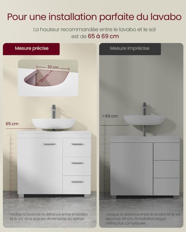 VASAGLE Meuble sous Lavabo, Meuble de Salle de Bain, 3 Tiroirs Latéraux, 2 Compartiments Derrière la Porte, avec Pieds, 30 x 70 x 64 cm, Blanc Nuage BBK503W10 – Image 7